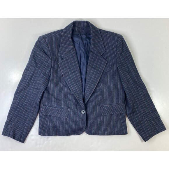 Women's Blue Gray Stripe Wool Crop Blazer Size 8 - Picture 1 of 5